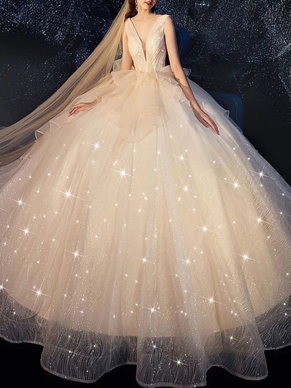 Ball Gown/Princess V-neck Glitter Chapel Train Wedding Dress With Tiered #UKM00028215