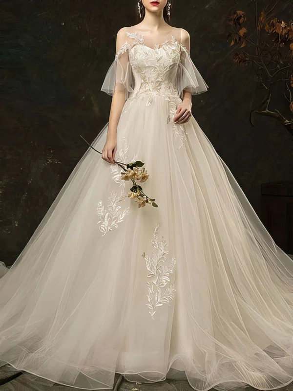 Ball Gown/Princess Illusion Tulle Chapel Train Wedding Dress With Appliques Lace #UKM00028218