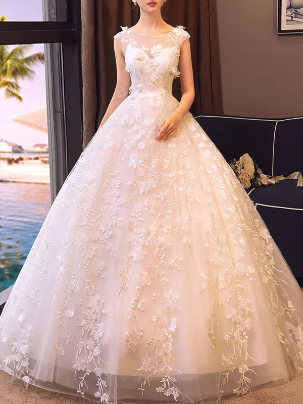 Ball Gown/Princess Illusion Lace Chapel Train Wedding Dress With Flower(s) #UKM00028223