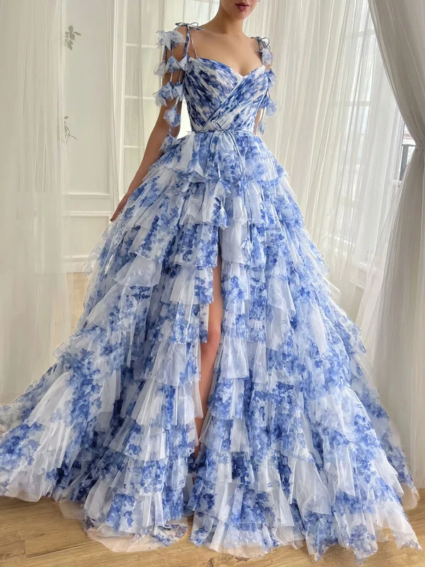 Ball Gown V-neck Tulle Tiered Prom Dresses With Floral #UKM020122303