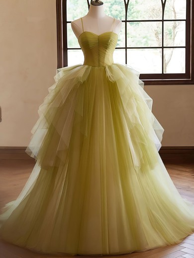 Ball Gown Sweetheart Tulle Ruffle Prom Dresses With Ruched #UKM020122339