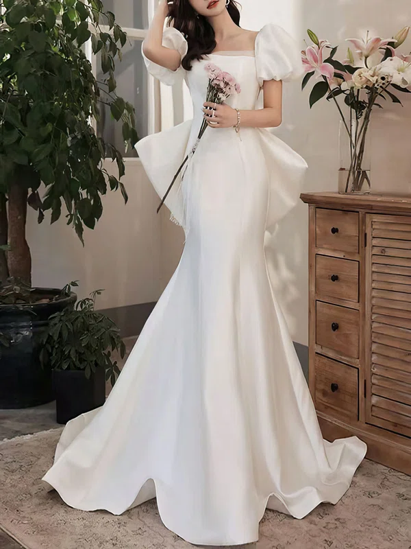 Trumpet/Mermaid Square Neckline Satin Court Train Wedding Dress With Bow #UKM00028232