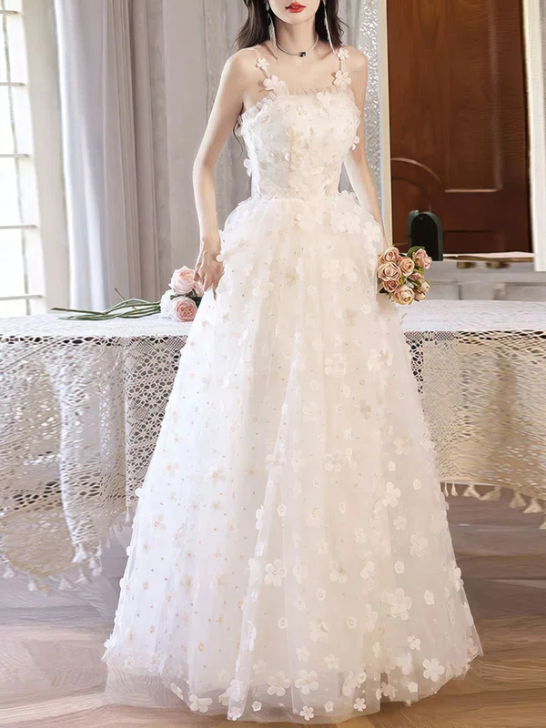 Ball Gown/Princess Square Neckline Tulle Floor-length Wedding Dress With Flower(s) #UKM00028238