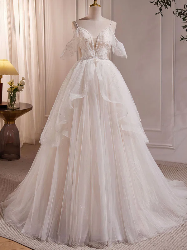 Ball Gown/Princess V-neck Lace Tulle Sweep Train Wedding Dress With Ruffles #UKM00028240