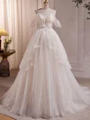 Ball Gown/Princess V-neck Lace Tulle Sweep Train Wedding Dress With Ruffles #UKM00028240
