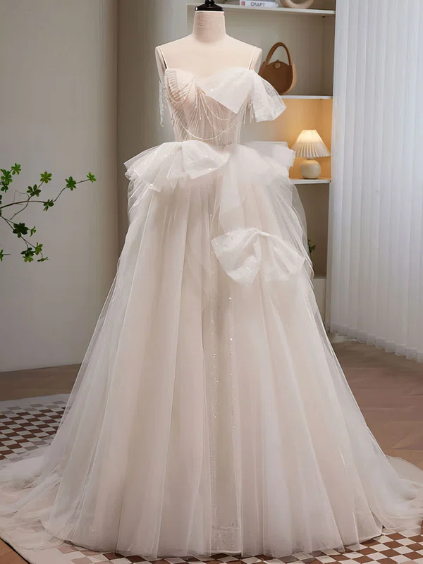 Ball Gown/Princess V-neck Glitter Sweep Train Wedding Dress With Ruched #UKM00028241