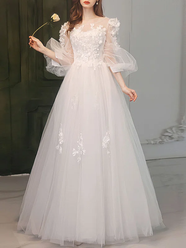 Ball Gown/Princess Illusion Tulle Floor-length Wedding Dress With Appliques Lace #UKM00028242