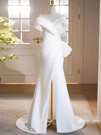 Trumpet/Mermaid Off-the-shoulder Stretch Crepe Sweep Train Wedding Dress With Split Front #UKM00028243