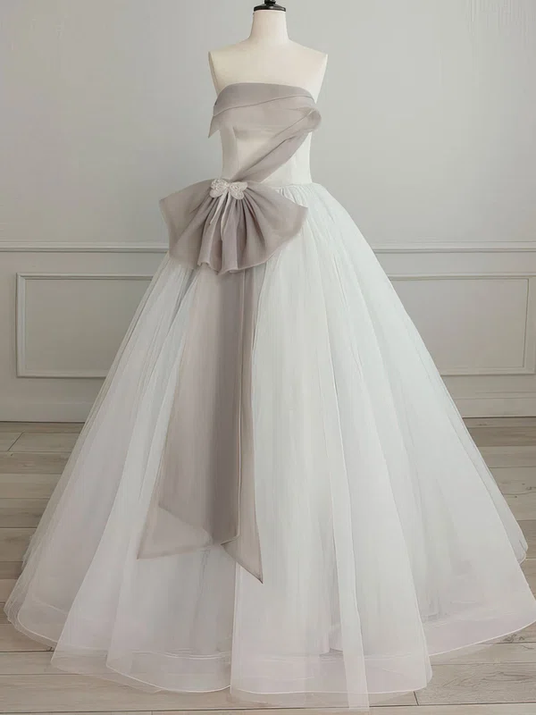 Ball Gown/Princess Straight Tulle Floor-length Wedding Dress With Bow #UKM00028244