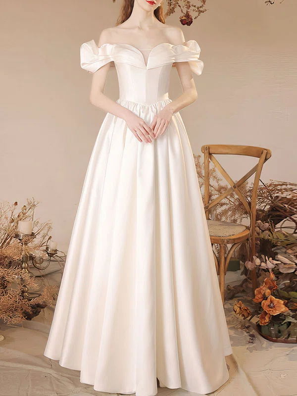 Ball Gown/Princess Off-the-shoulder Satin Floor-length Wedding Dress With Ruched #UKM00028247