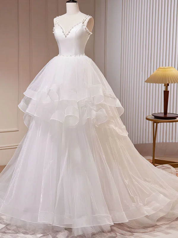 Ball Gown/Princess V-neck Tulle Floor-length Wedding Dress With Pearl Detailing #UKM00028248