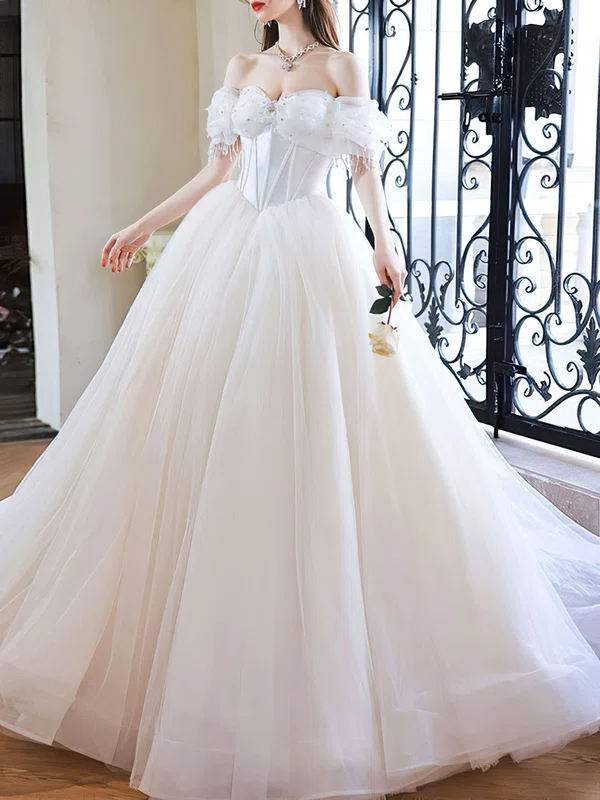 Ball Gown/Princess Off-the-shoulder Tulle Floor-length Wedding Dress With Pearl Detailing #UKM00028250