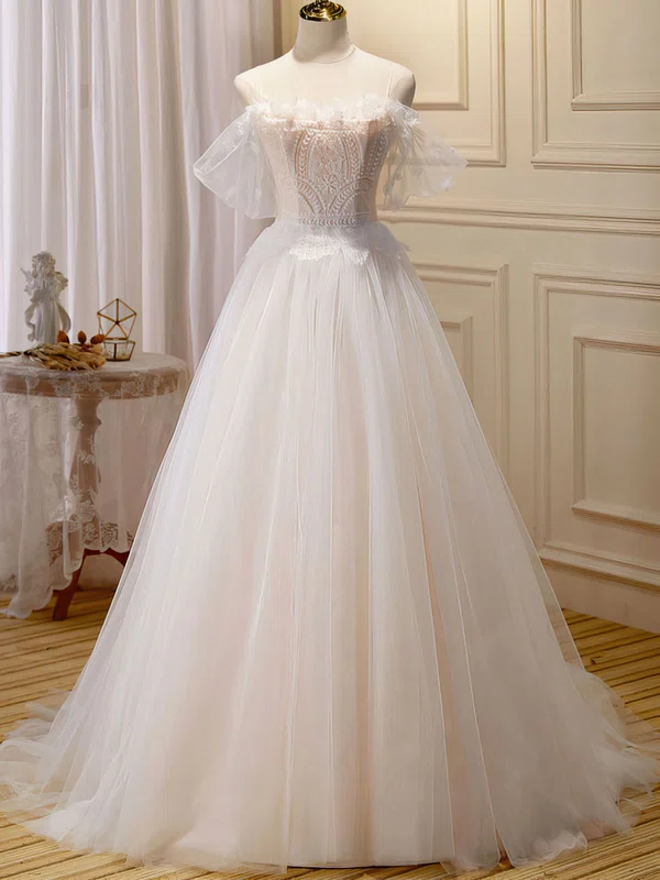 Ball Gown/Princess Off-the-shoulder Tulle Sweep Train Wedding Dress With Lace #UKM00028254