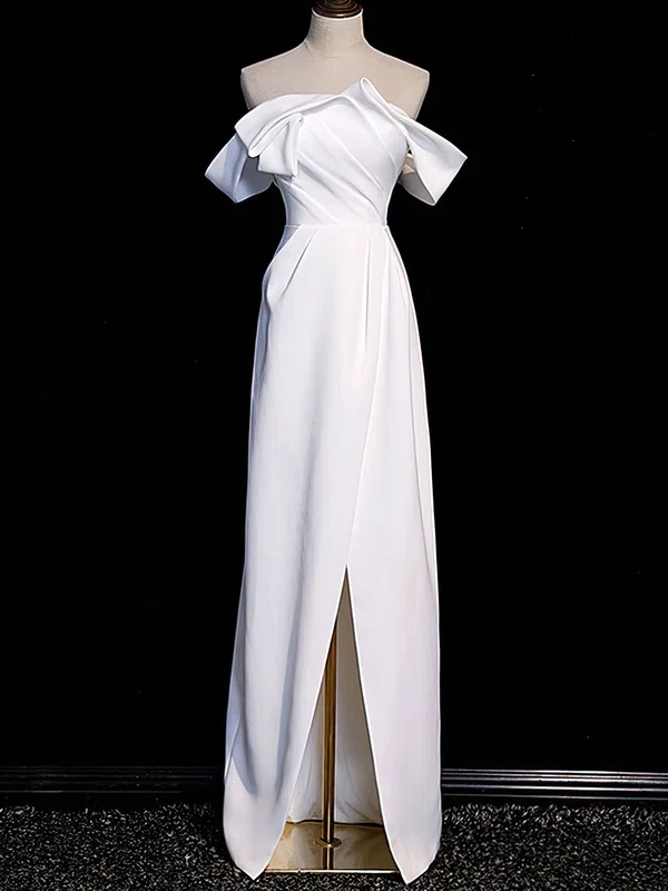 Sheath/Column Off-the-shoulder Stretch Crepe Floor-length Wedding Dress With Split Front #UKM00028255
