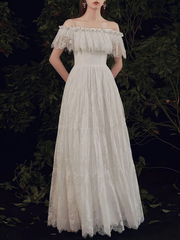 A-line Off-the-shoulder Lace Floor-length Wedding Dress #UKM00028256