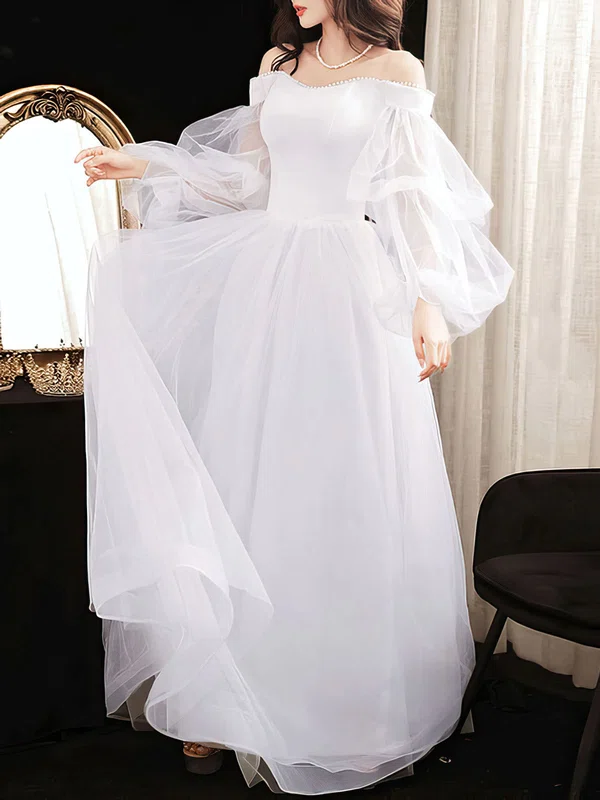 Ball Gown/Princess Off-the-shoulder Tulle Floor-length Wedding Dress With Pearl Detailing #UKM00028260