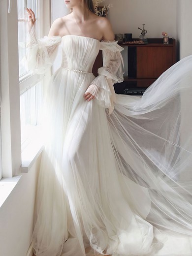 Ball Gown/Princess Off-the-shoulder Tulle Sweep Train Wedding Dress With Pearl Detailing #UKM00028263