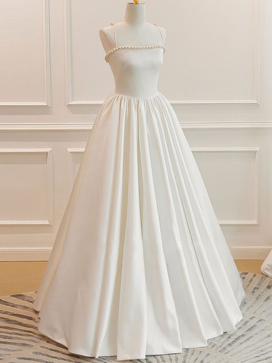 Ball Gown/Princess Square Neckline Satin Floor-length Wedding Dress With Pearl Detailing #UKM00028264