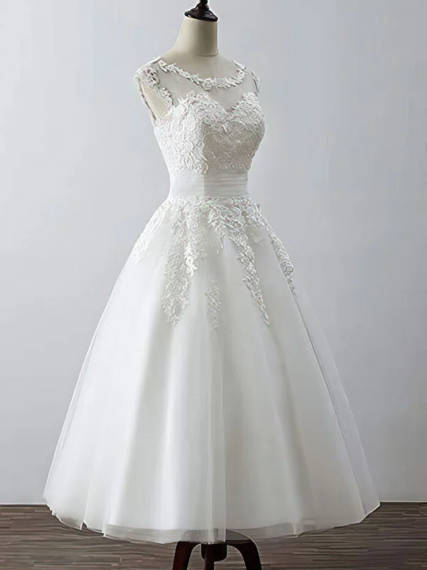 Ball Gown/Princess Illusion Lace Tulle Tea-length Wedding Dress #UKM00028266