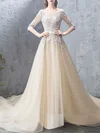 Ball Gown/Princess Illusion Tulle Chapel Train Wedding Dress With Appliques Lace #UKM00028270
