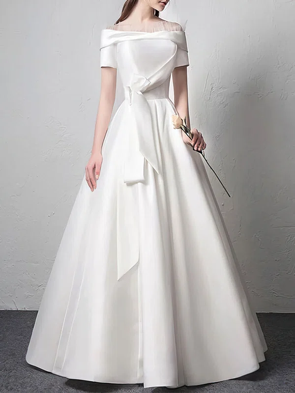 Ball Gown/Princess Off-the-shoulder Satin Floor-length Wedding Dress With Bow #UKM00028276