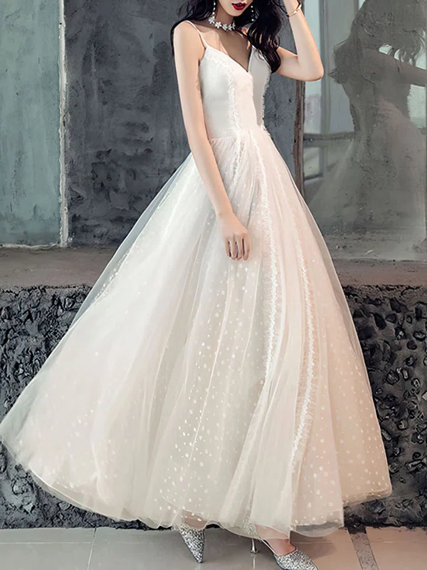 Ball Gown/Princess V-neck Tulle Ankle-length Wedding Dress #UKM00028277