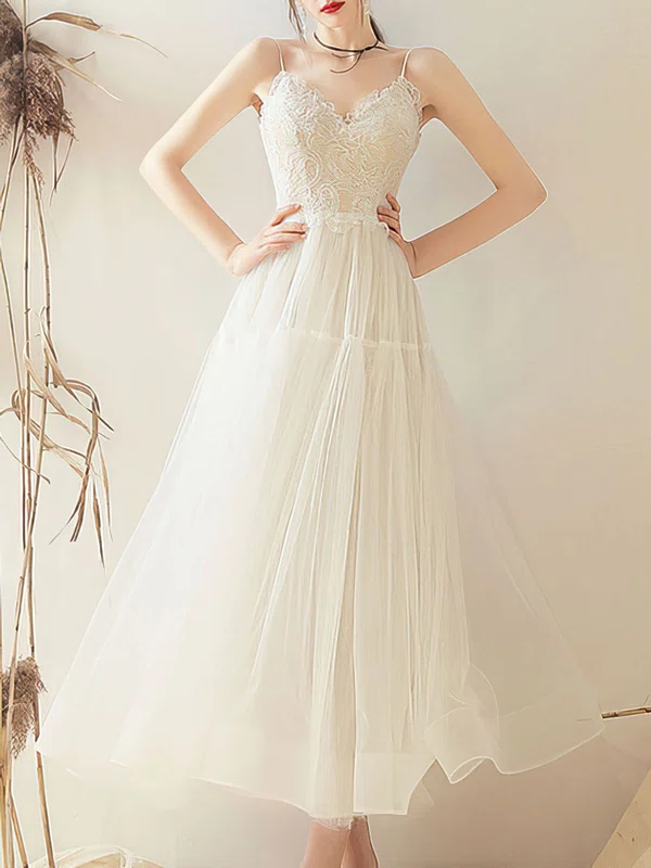 Ball Gown/Princess V-neck Lace Tulle Ankle-length Wedding Dress #UKM00028278