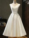 Ball Gown/Princess V-neck Satin Tea-length Wedding Dress #UKM00028280