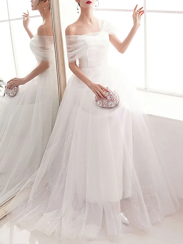 Ball Gown/Princess Asymmetrical Neck Tulle Floor-length Wedding Dress With Sequins #UKM00028283