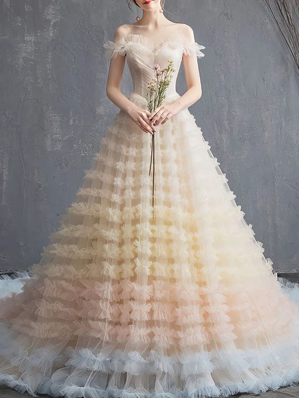 Ball Gown/Princess Off-the-shoulder Tulle Chapel Train Wedding Dress With Tiered #UKM00028286