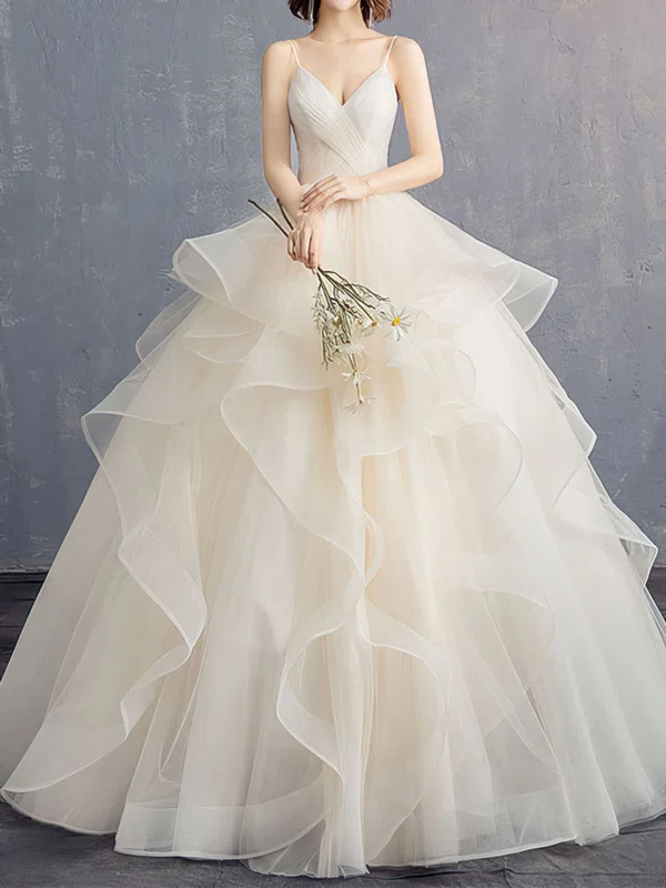 Ball Gown/Princess V-neck Tulle Floor-length Wedding Dress With Ruched #UKM00028287