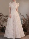 Ball Gown/Princess High Neck Lace Floor-length Wedding Dress With Sequins #UKM00028291