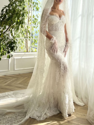 Trumpet/Mermaid Sweetheart Lace Chapel Train Wedding Dress With Sequins #UKM00028293