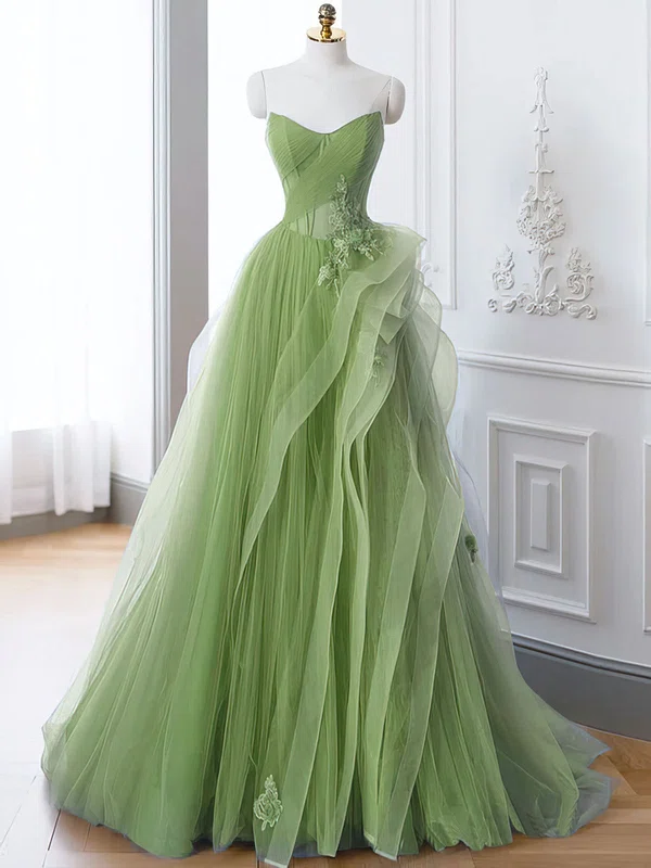 Princess V-neck Tulle Ruffle Prom Dresses With Appliques #UKM020122501