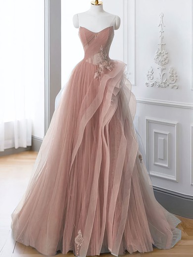 Princess V-neck Tulle Ruffle Prom Dresses With Appliques #UKM020122517