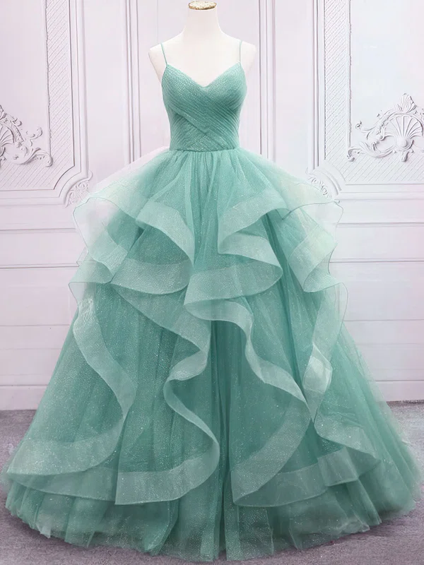 Princess V-neck Tulle Ruffle Prom Dresses #UKM020122791