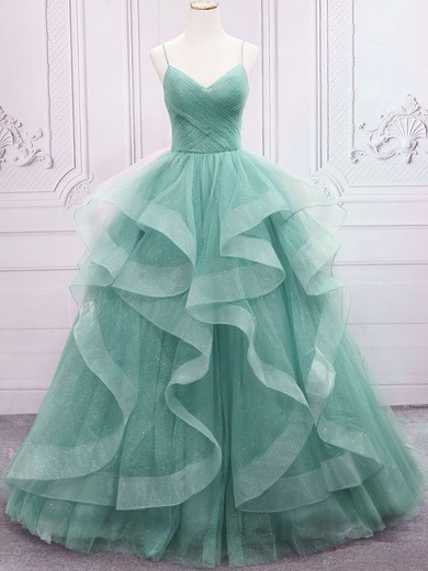 Princess V-neck Tulle Ruffle Prom Dresses #UKM020122791