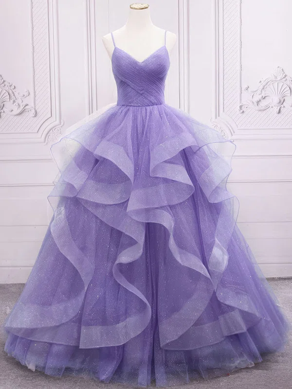 Princess V-neck Tulle Ruffle Prom Dresses #UKM020123034