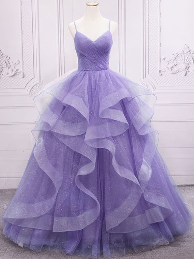 Princess V-neck Tulle Ruffle Prom Dresses #UKM020123034