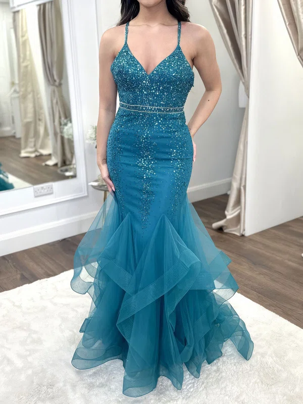 Mermaid V-neck Tulle Ruffle Prom Dresses With Beading #UKM020123521