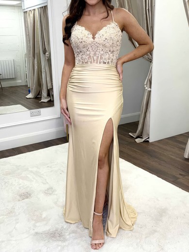 Sheath/Column V-neck Jersey Corset Prom Dresses With Appliques #UKM020123528