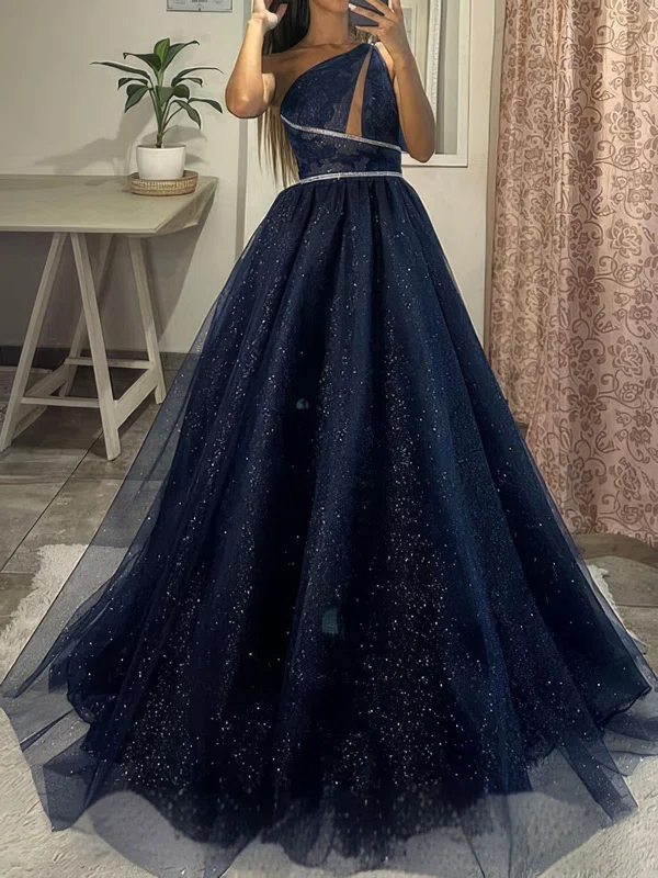 Ball Gown/Princess One Shoulder Glitter Tulle Sweep Train Prom Dress With Beading #UKM020123695