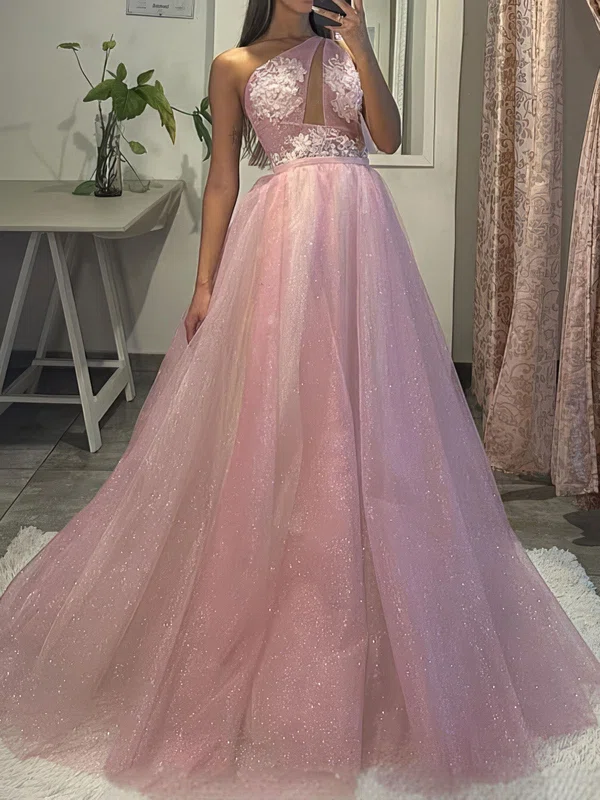 Ball Gown/Princess One Shoulder Glitter Tulle Floor-length Prom Dress With Appliques Lace #UKM020123717