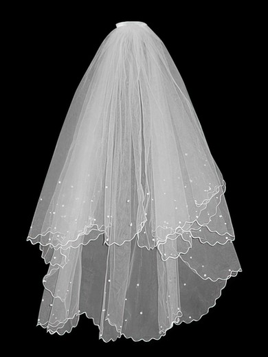 2 Layer Fingertip with Pearls Wedding Veils #03010001
