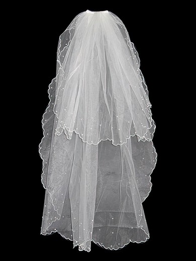 Fashion Two-tier Fingertip Wedding Veils with Pearls Edge #03010004