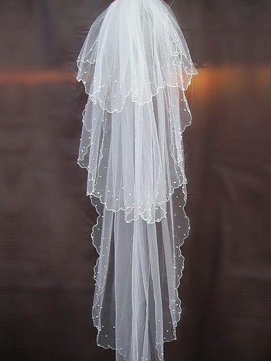 Three-tier Tulle Fingertip Veils with Pearls #03010013