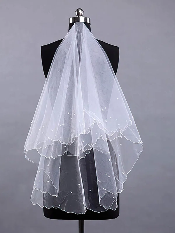 Two-tier Tulle Fingertip Pearl Trim Edge Wedding Veils #03010016