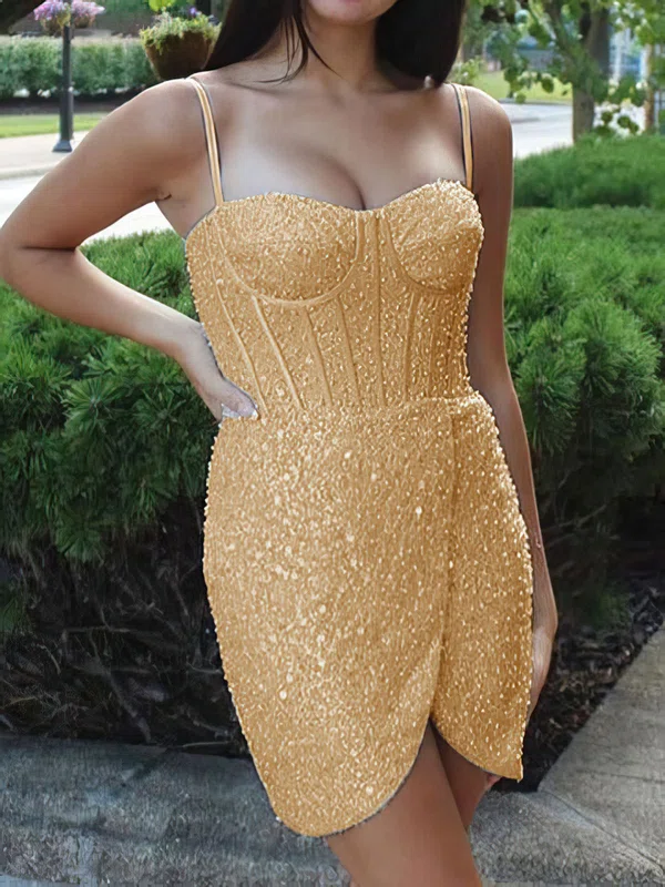 Corset Gold Fitted Sweetheart Sequin Dress PT02053486