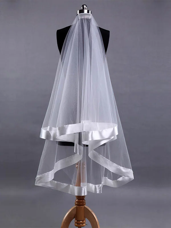 One-tier Tulle Fingertip Veils with Ribbon Edge #03010023