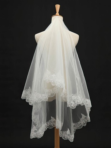 Elegant Two-tier Fingertip Wedding Veils with Lace Applique Edge #03010027